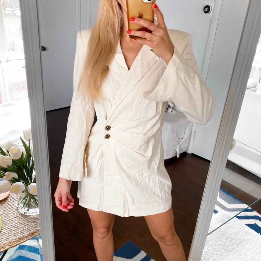 π ZARA CREAM LINEN BLEND BLAZER DRESS! - Picture 5 of 16